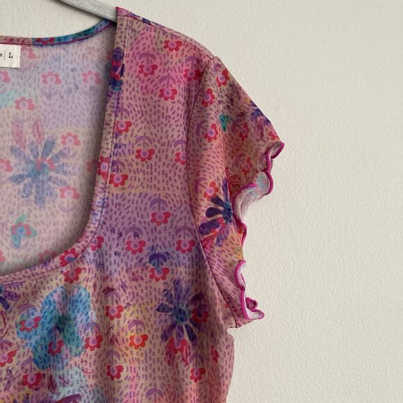 Natural Life Womens Pink Mesh Floral Sheer Top Size Large Y2K Boho Hippie Retro - Picture 5 of 8